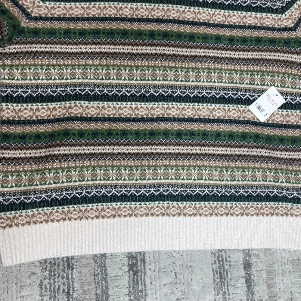 NEW Lucky Brand Mens Fair Isle‎ Crewneck Sweater Green Brown Striped Springs XXL
